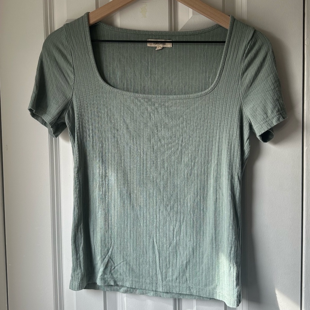 Madewell Green Short Sleeve Ribbed Square-neck Cropped Shirt - Small